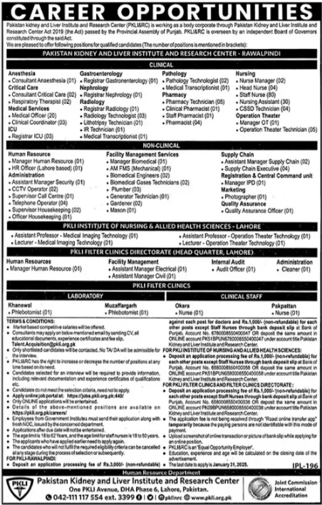 Pakistan Kidney and Liver Institute and Research Center Jobs 2025 Advertisment 